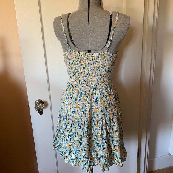 ANGIE Sundress Sz M Mini Dress Blue Yellow Floral Cutout Front Smocked Back Boho - Picture 4 of 8